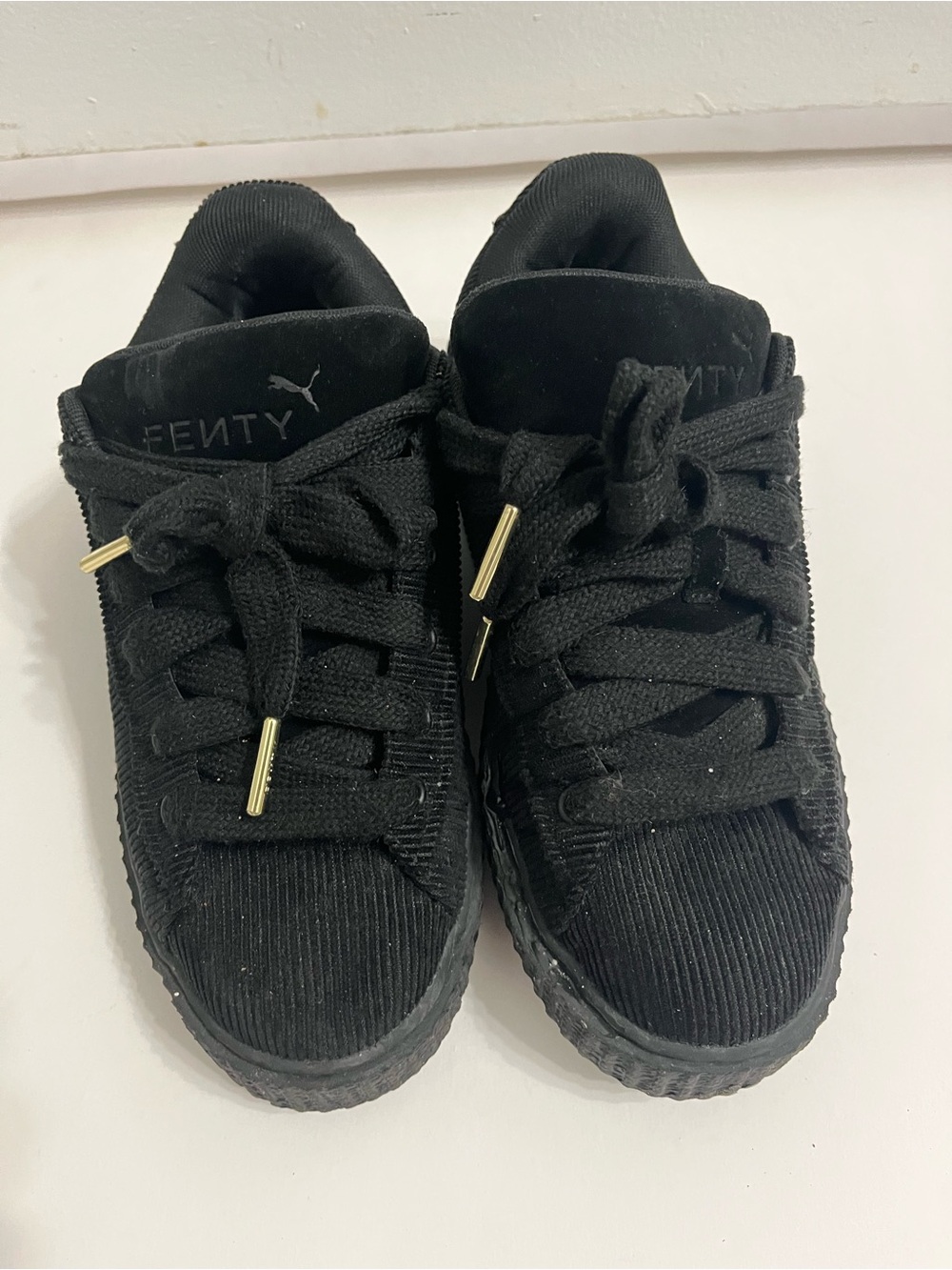Fenty Beauty Black Corduroy Platform Sneakers with Gold Lace Tips